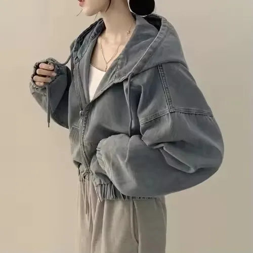 Short Denim Jacket Loose Long Sleeved Casual Fall Retro Zipper Design Hoodie Outerwear Versatile Outwear