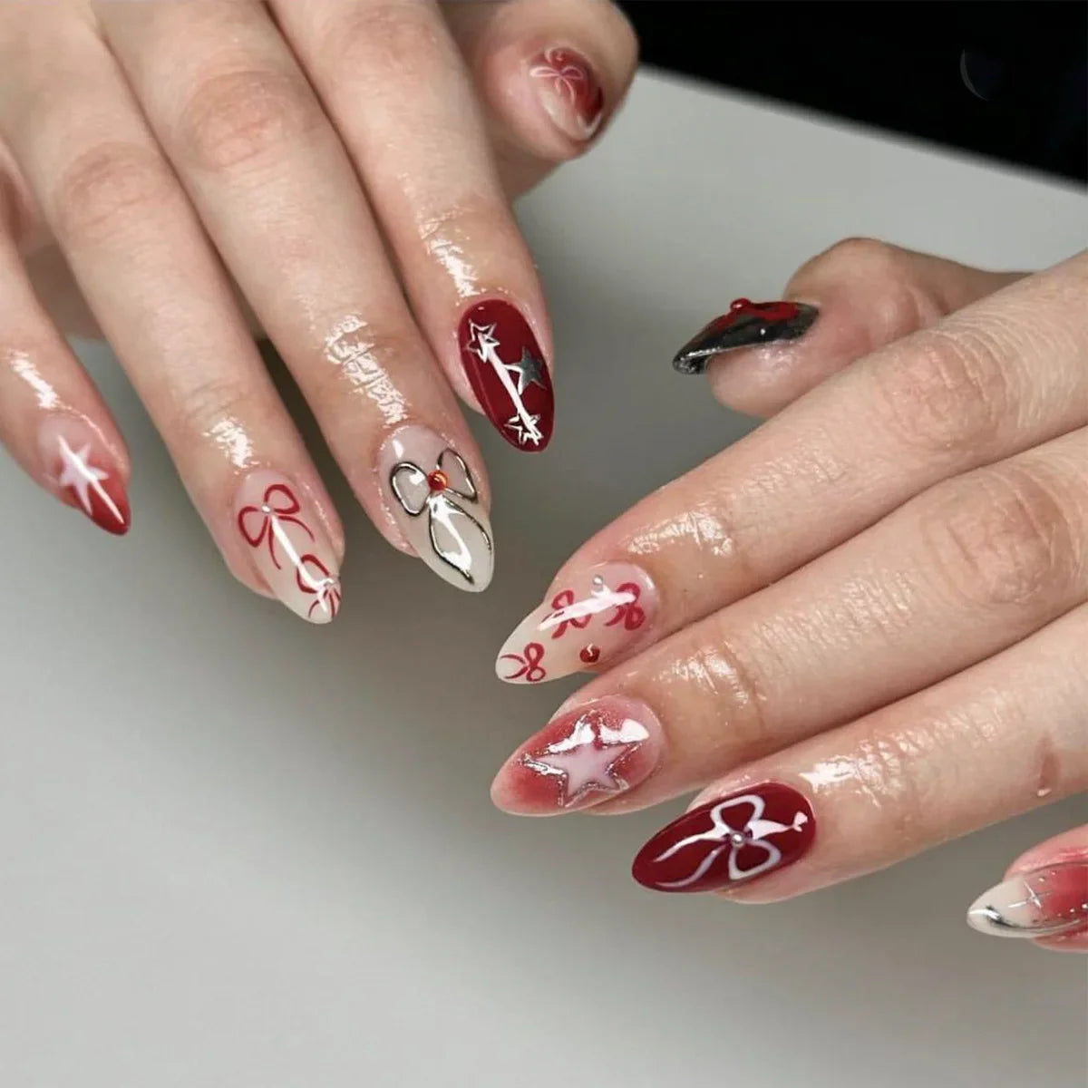 24PCS Wine Red Almond Press on Nails Cartoon Rabbit Bowknot with Plaid Pearl Designs French Fake Nails