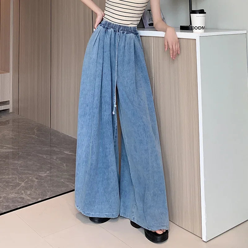 Loose-Fit Plus Size Jeans Slimming Wide-Leg Ground-Length Simple Style Casual Ladies Pants