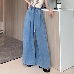 Loose-Fit Plus Size Jeans Slimming Wide-Leg Ground-Length Simple Style Casual Ladies Pants