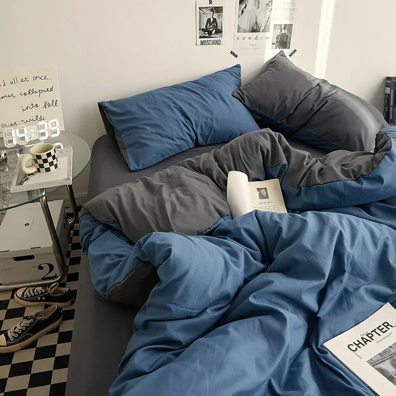 Solid Color Double Washed Cotton Bedding 4 Pieces Set Student Dormitory Bed Linen Duvet Set Bed Suit