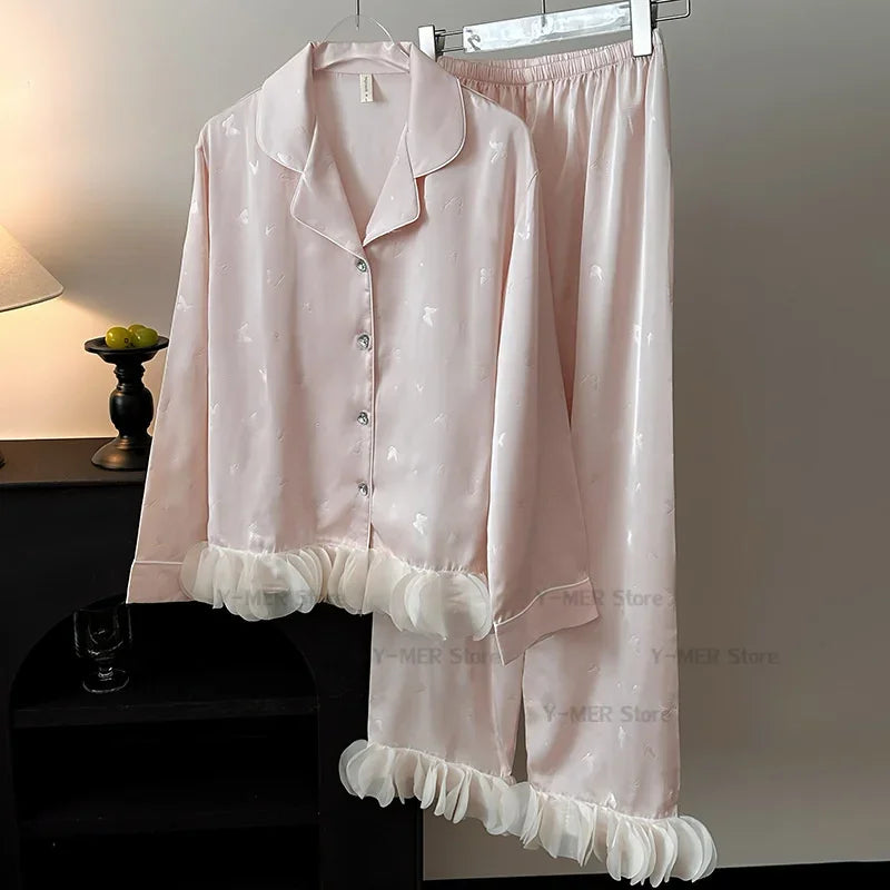 Japanese Sleepwear Pajamas Long Sleeve Pajamas Set Ladies Satin Cute Home Clothes Two Piece Set