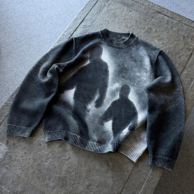 High Street Gradient Abstract Artistic Portrait Pattern Loose Knit Pullover European Punk Gothic Round Neck Long Sleeve Sweater