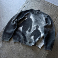 High Street Gradient Abstract Artistic Portrait Pattern Loose Knit Pullover European Punk Gothic Round Neck Long Sleeve Sweater