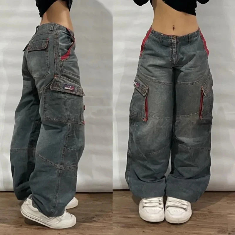 American Oversize Pattern Embroidered Baggy Jeans Y2K Gothic Harajuku Hip Hop Straight High Waist Wide Leg Pants