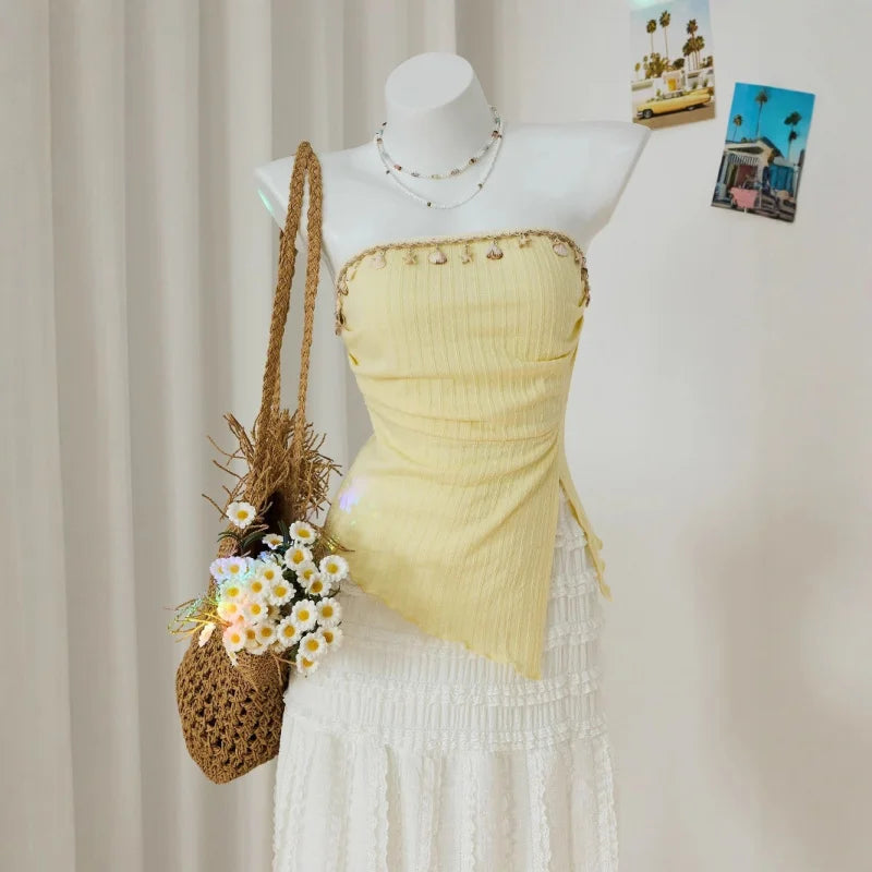 Sweet Yellow Slim Fit Knitted Tube Top With Shell Ribbon Decoration Irregular Pleated Side Slit Casual Vacation Top
