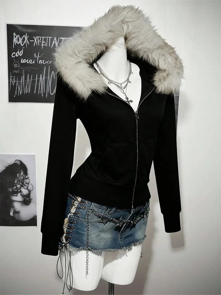 Y2K Harajuku Gothic Hoodie Slim Chic Suede Fur Collar Letter Print Cardigan Sweatshirt Streetwear