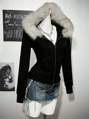 Y2K Harajuku Gothic Hoodie Slim Chic Suede Fur Collar Letter Print Cardigan Sweatshirt Streetwear