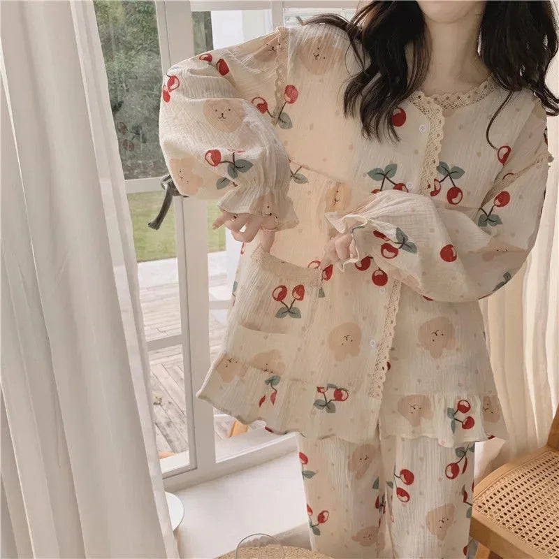 Princess Style Plus Size Student Nightwear Ladies Sweet Breathable Crew Neck Sleepwear Loungewear