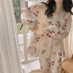 Princess Style Plus Size Student Nightwear Ladies Sweet Breathable Crew Neck Sleepwear Loungewear