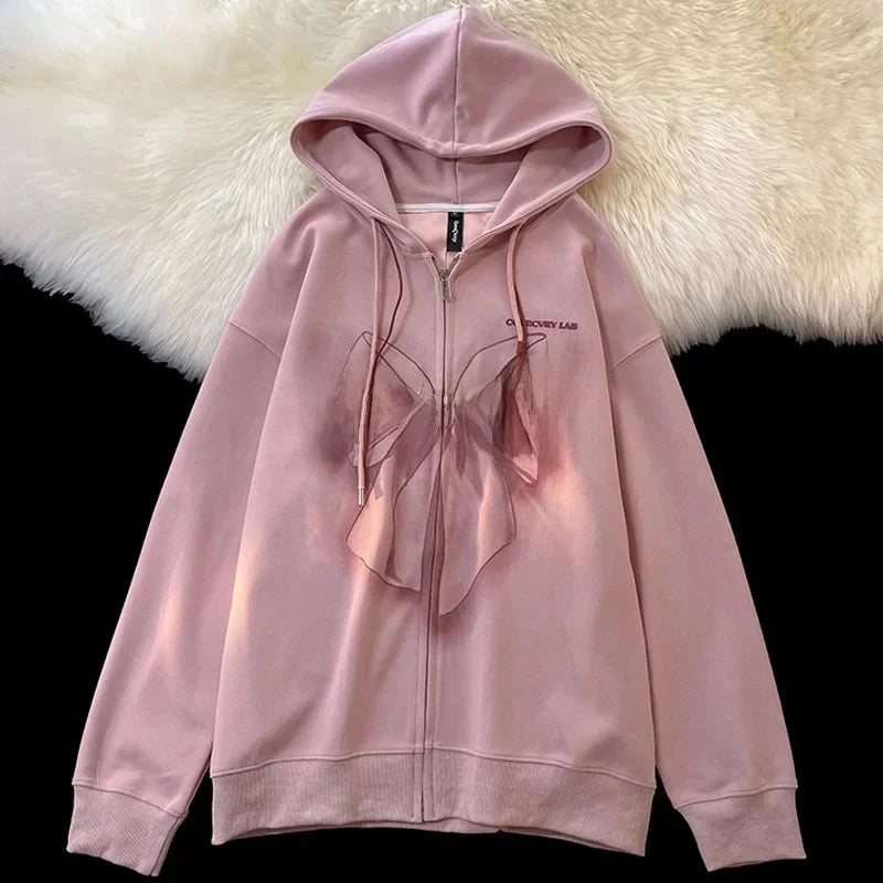 Slimming Effect Oversize Hoodie Loose Fit Printed Bubble Jacket Student Open Cardigan Outerwear Polyester Fiber