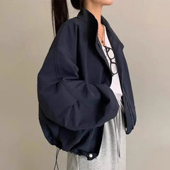ChicSimpleVintage Long Sleeve Jacket Loose Fit Casual Versatile Turtle Neck Foldable Design Half Polo Jacket