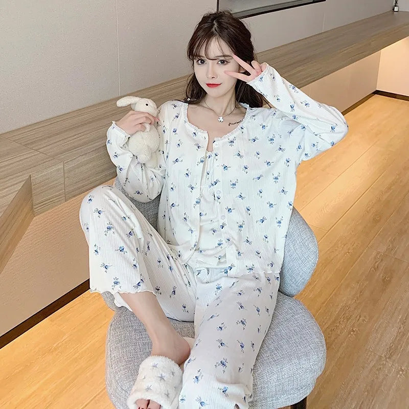 Three Piece Cotton Pajamas Long Sleeve Trousers Floral Student Loungewear Large Size Romantic Nightwear Sexy