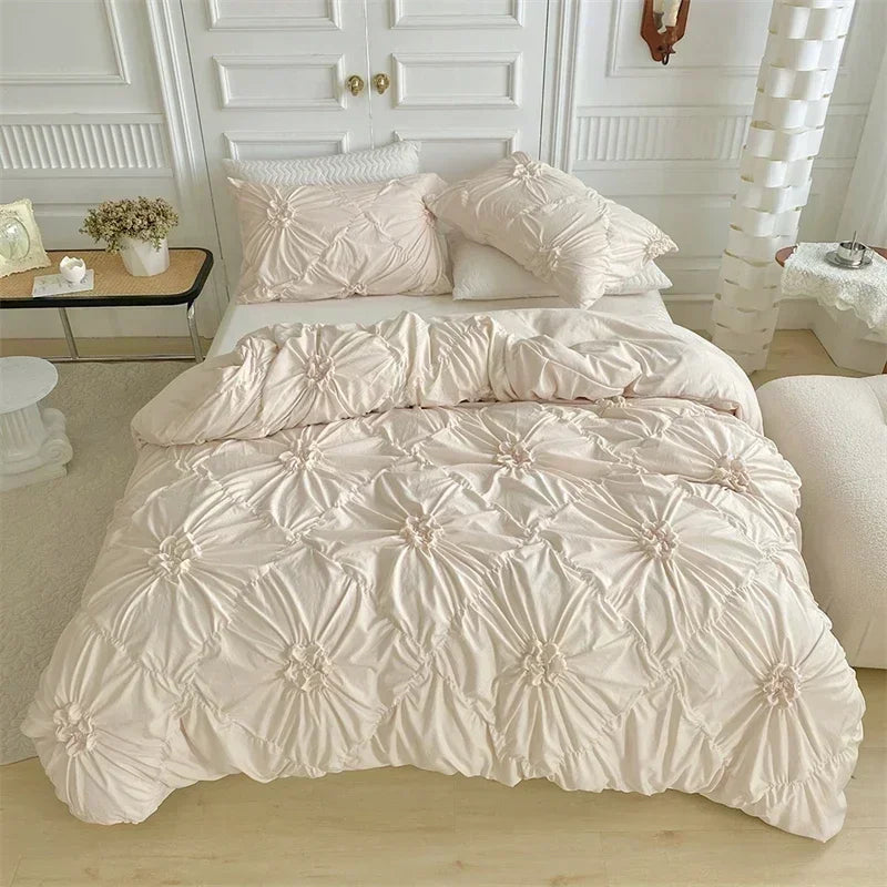 Three-dimensional Twist Flowers Bedding Set Queen Pinch Pleated Crafts Duvet Cover Set Double Blanket Cover Sets