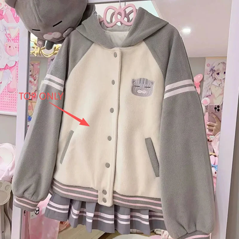 Japan Subculture Hooded Sweatshirt Single Breasted Long Sleeve Patchwork Coat Preppy Style Sweet Fall Casual Outwear