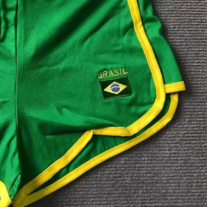 Green Shorts Brazil Pattern Embroidery Beach Shorts Drawstring Elastic Waist plus size shorts