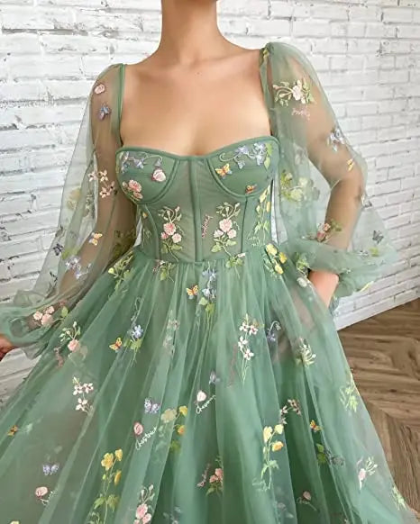 Prom Dresses Green Fairy Puffy Sleeve Lace Embroidery Tulle