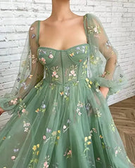 Prom Dresses Green Fairy Puffy Sleeve Lace Embroidery Tulle