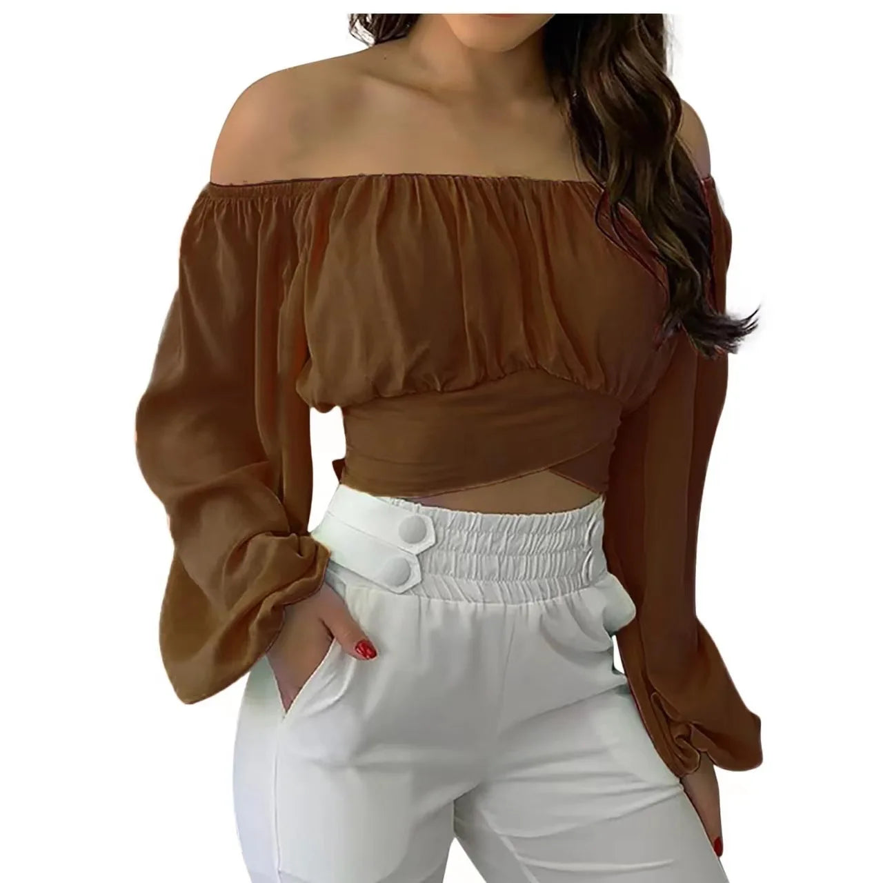 Off Shoulder Shirts Puff Long Sleeve Y2K Crop Tops Clothes Black White Blouse Bandage Elegant Shirt