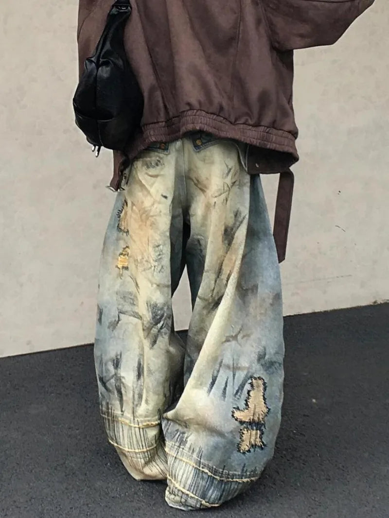 American Street Destruction Style Embroidered Denim Pants Oversized Retro Wash Personality Loose Casual Wide Leg Jeans