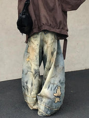 American Street Destruction Style Embroidered Denim Pants Oversized Retro Wash Personality Loose Casual Wide Leg Jeans