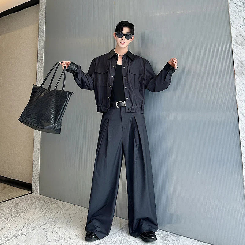 Casual Two Piece Set Short Lapel cargo Jacket Large Pockets Snap Buttons Loose Straight Leg Pleated Waist Pants