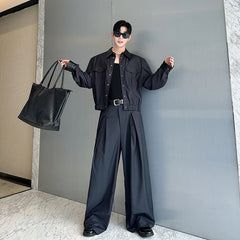 Casual Two Piece Set Short Lapel cargo Jacket Large Pockets Snap Buttons Loose Straight Leg Pleated Waist Pants