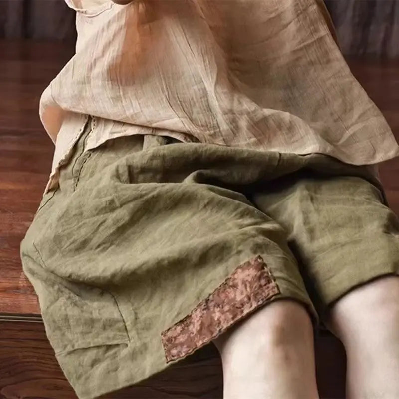 Retro Ethnic Style Patch Oversize Cotton Linen Short Pants Casual High Waist Beach Shorts Pantalones Cortos