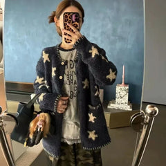 Vintage Star Knitted Cardigan Harajuku Print Sweater Outerwears Korean Long Sleeve Knitwears Ladies Casual Jumpers