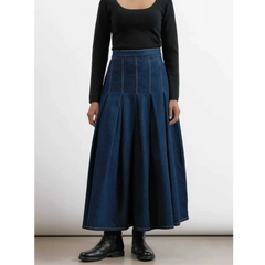 plus Size Pleated High Waist Denim Skirt Elegant Washed Denim Zipper Closure Skirt