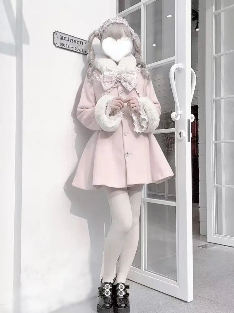 Design Elegant Pink Slim Woolen Cloth Coat Kawaii Sweet Warm Fur Collar Bow Lace Patchwork Casual Overcoat