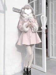 Design Elegant Pink Slim Woolen Cloth Coat Kawaii Sweet Warm Fur Collar Bow Lace Patchwork Casual Overcoat
