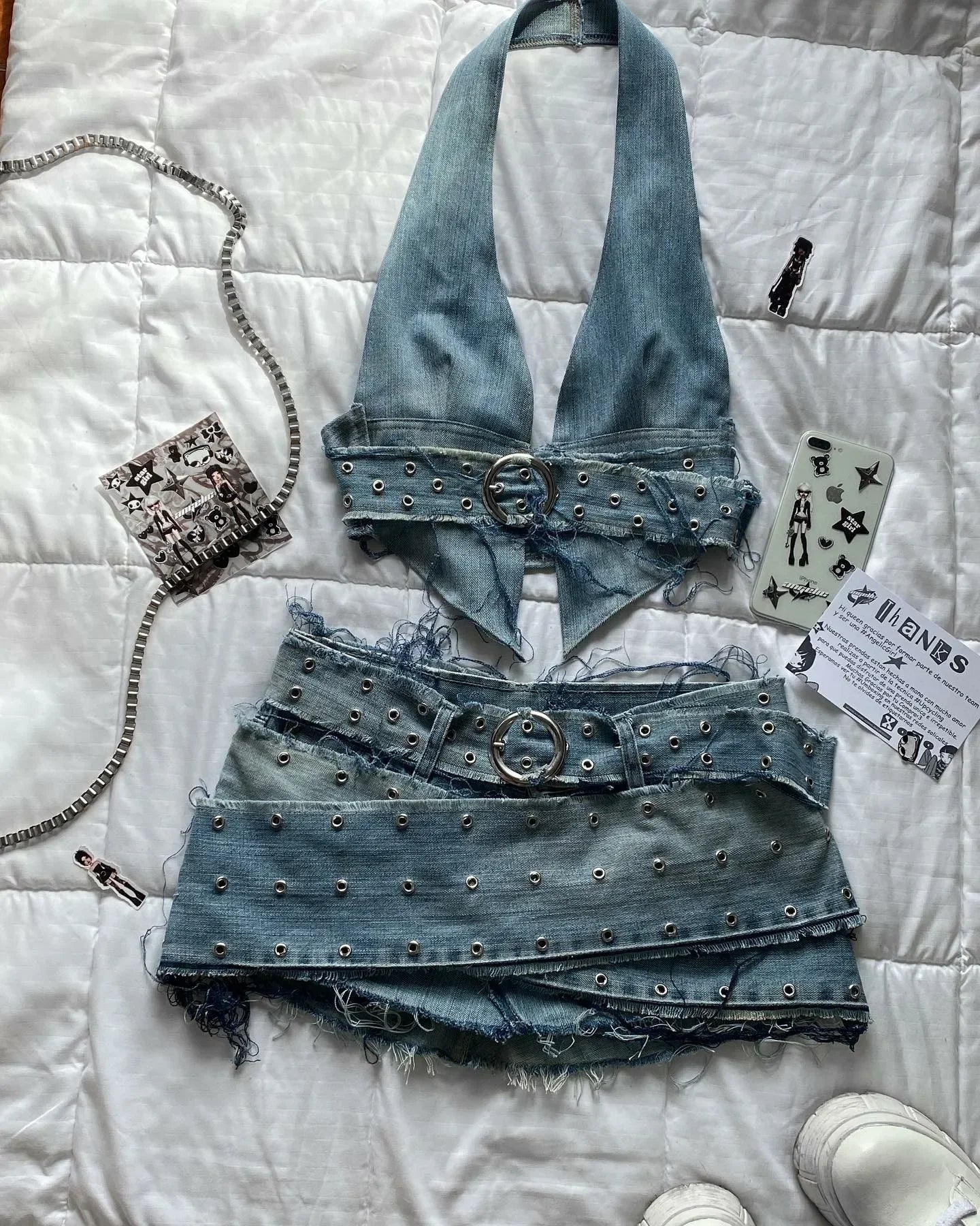 Y2K Black Leather Spliced Denim Two Piece Set Harajuku Zipper Long Sleeved Jacket Pleated Skirt Motorcycle Suit