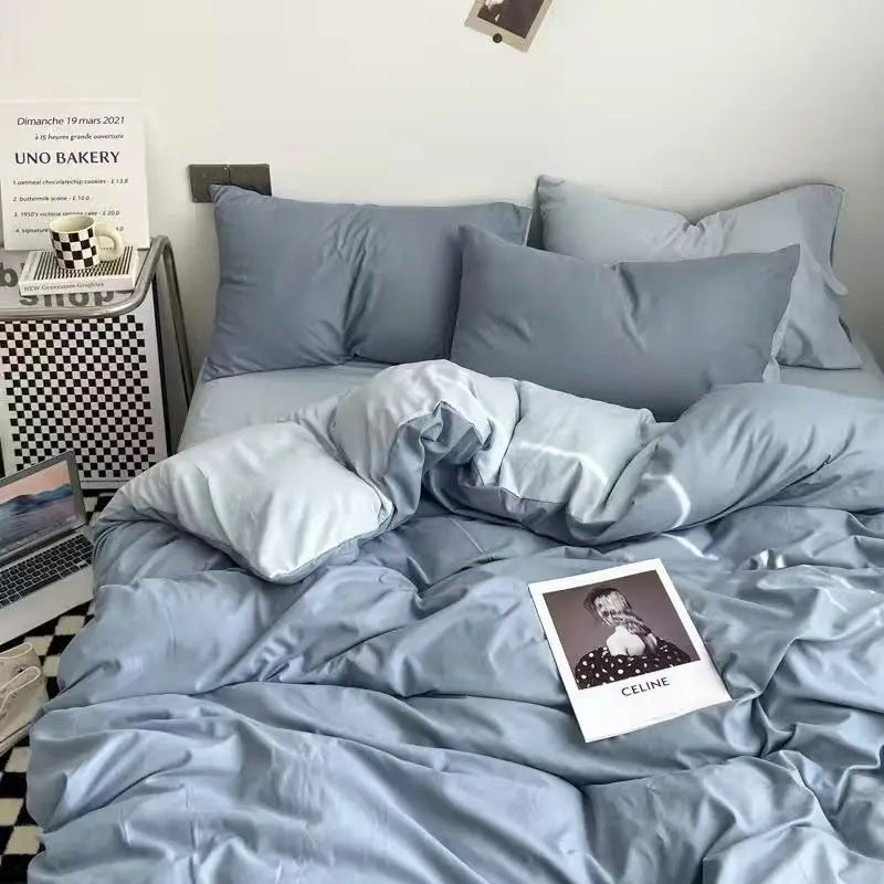 Bedding Set Ins Ambiance Blue Coffee Grid Mixed With Washed Cotton Minimalist Four Piece Set Fitted Sheets Duvet Cover