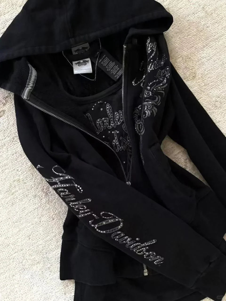 Y2K Gothic Drawstring Design Black Zipper Sweatshirt Jacket Coat Harajuku Letter Graphic Slim Hoodie Clothing