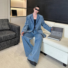 Denim Outfit Two Piece Jacket Pants Suit Collar Patchwork Design Loose Straight Casual Jeans Washed Distressed