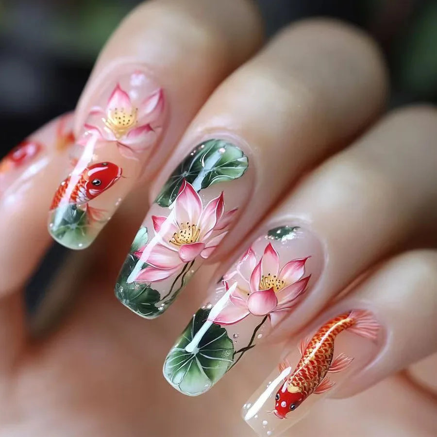 24pcs/set Medium long fake nails Swan fish flowers