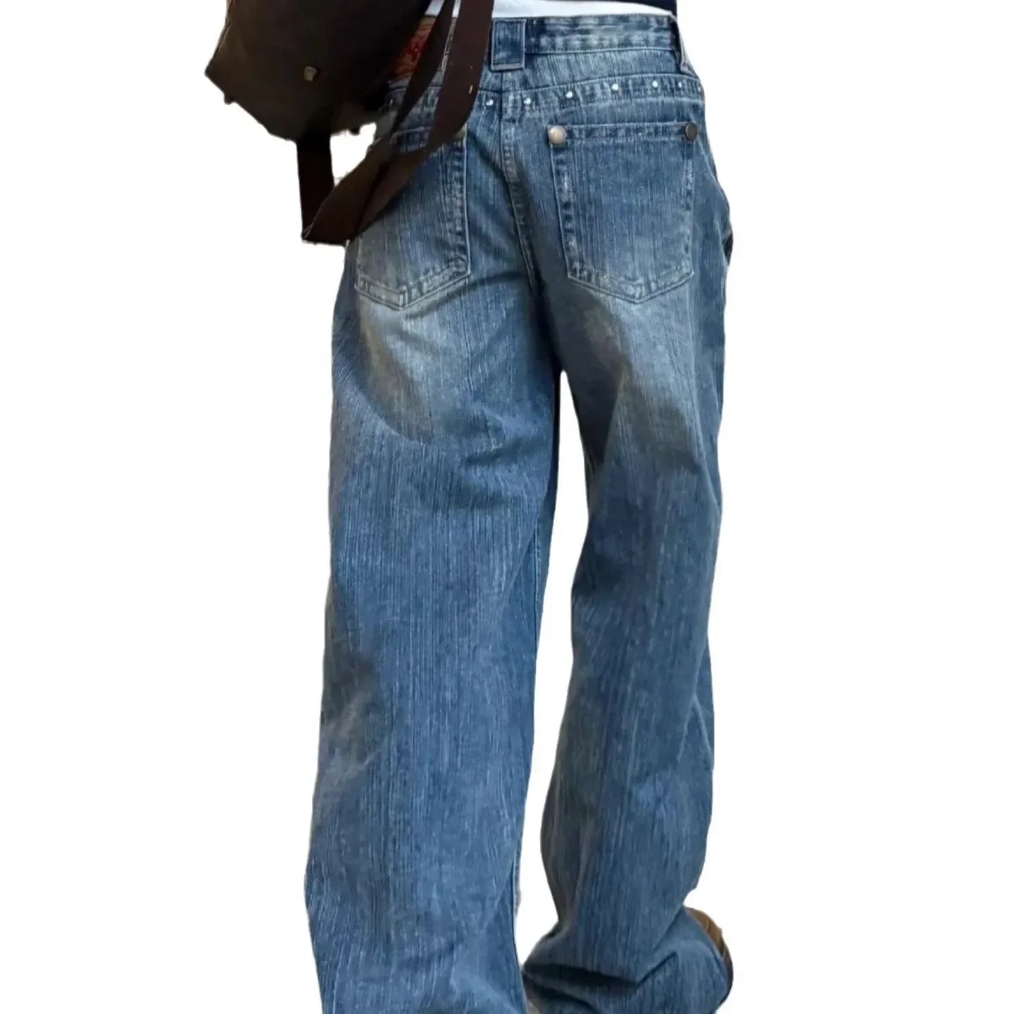 Retro American Rivet Low Waist Straight Leg Denim Jeans Spicy Girl High Street Unique Design Couple Vintage Style Long Trousers