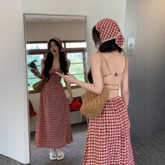 Red Plaid Off-Shoulder Dress Slim Fit Waist-Cinching Long Skirt V-neck Midi Dress Polyester Fiber Sleeveless