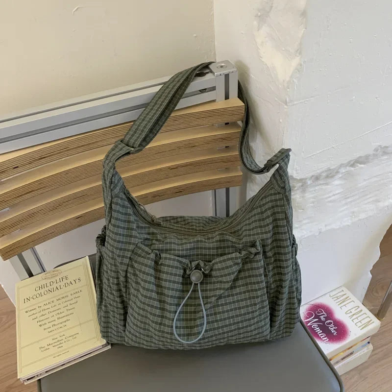 Korean Nylon Shoulder Bag Simple Plaid Zipper Tote Bag Drawstring Pleated Cloud Bag Commuter Crossbody Shoulder Bag