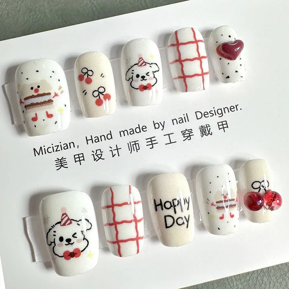 10Pcs Wearable Cat Eyes Series Short Square Press On Nails Kawaii Cartoon Cat Rabbit Rhinestone Gradients Full Cover False Nails