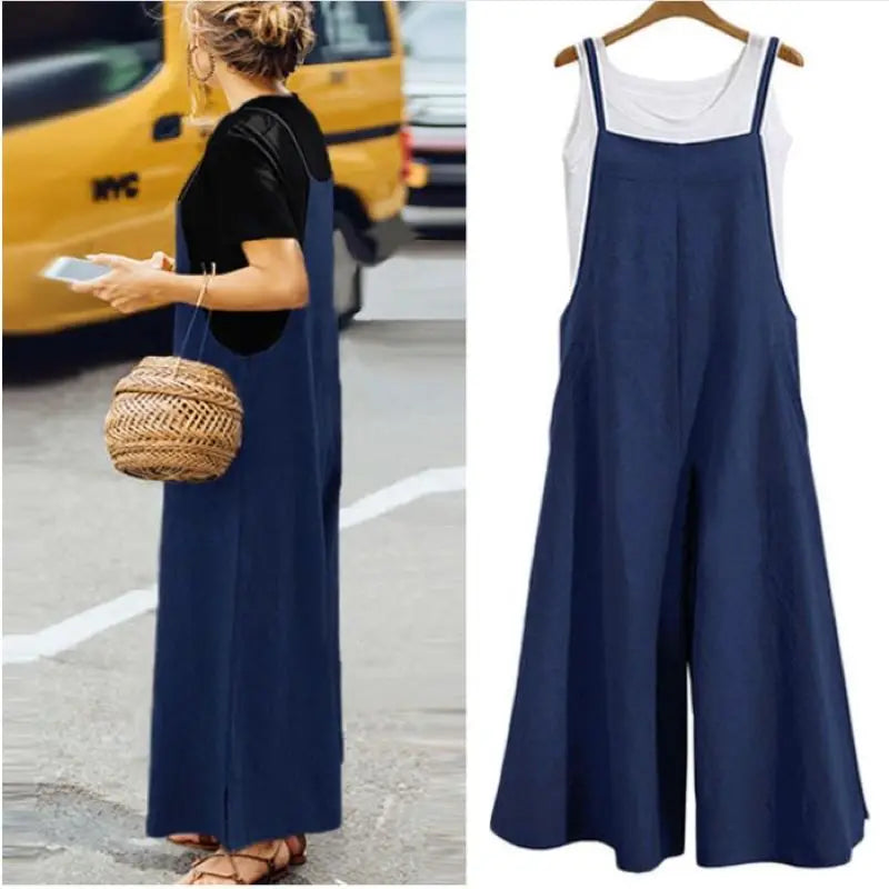 Sleeveless Jumpsuit Solid Color Wide Leg Bib Overalls Casual Loose Cotton Linen Straps Dungaree