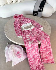 Streetwear Pink Sportswear Two Piece Set Gothic Slim Fit Waist Zipper Hoodie Harajuku Retro Casual High Waist Sports Pants