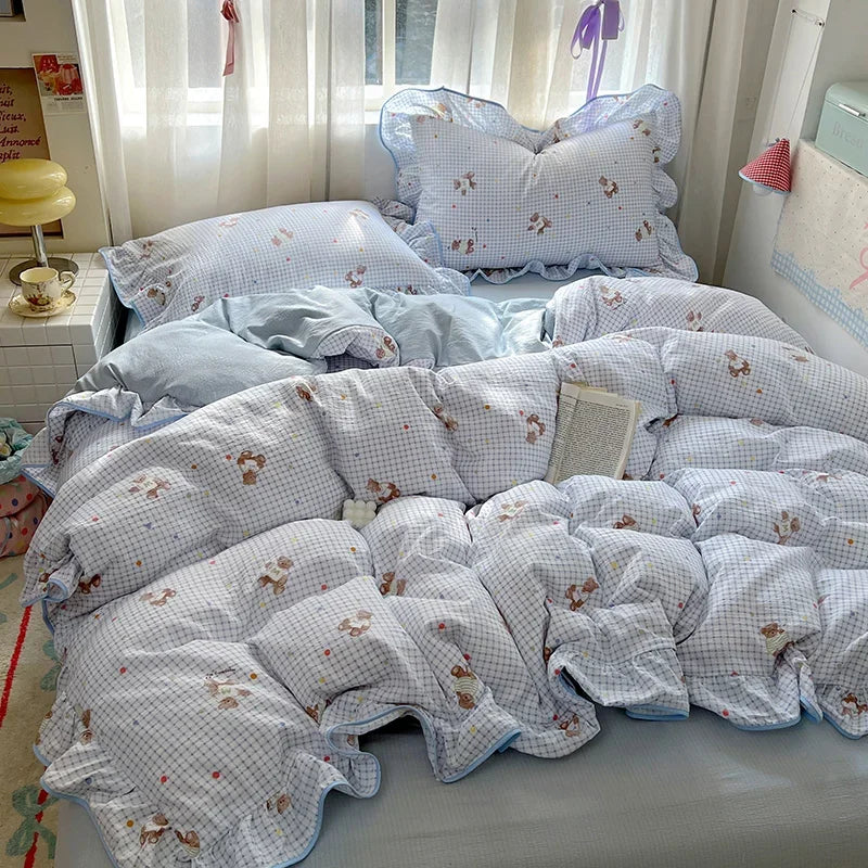 Ruffles Bedding Set Floral Style Duvet Cover Pillowcase with Bedsheet Skin-friendly Bed Linen Set Girls Room Bedclothes