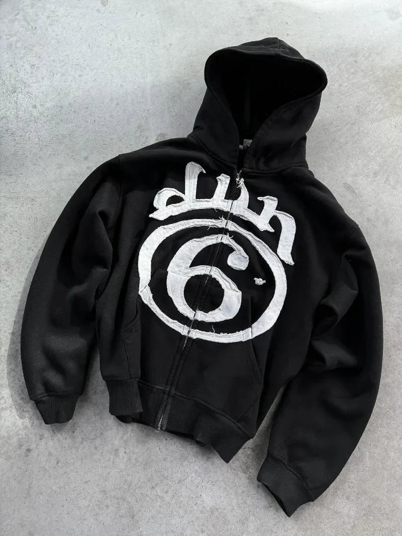 Vintage Hip Hop Letter Embroidery Zipper Hoodie Streetwear Sports Washed Loose Coat Y2K Punk Couple Hoodie Sweatshirt