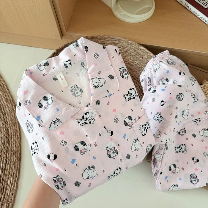 Sweet Cute Goose Print Korean Pajamas Nightwear Kawaii Casual Lapel Neck Y2K Pajamas Set Loungewear