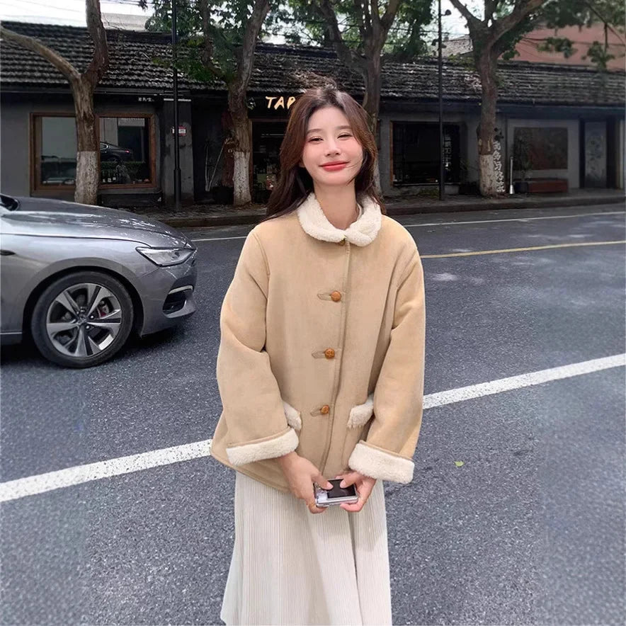 Retro Korean Style Cotton Jacket Lamb Fur Unique Beautiful Short Size Milk Series Cotton Coat