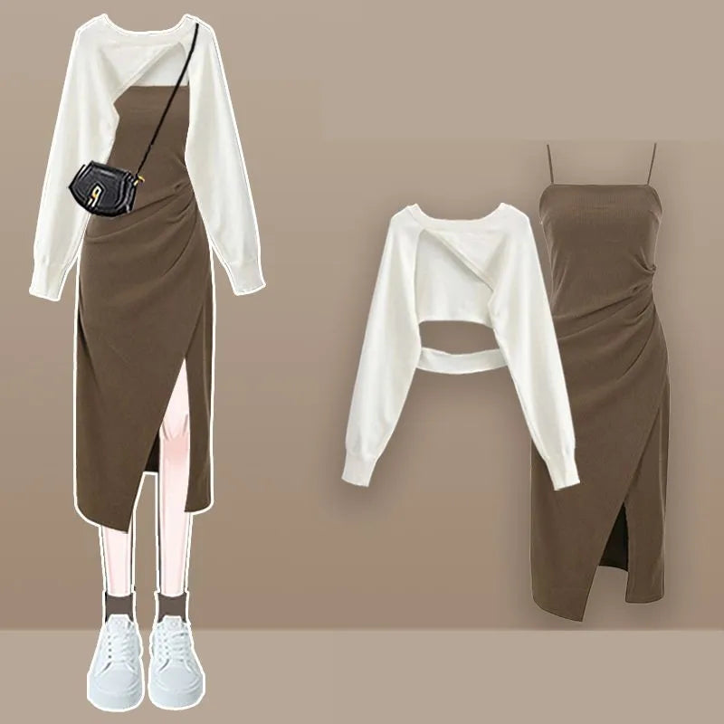 Vintage Short Knit Blouse+Split Sling Skirt 2-Piece Suit Korean Elegant Long Sleeve Top Dress Matching Set