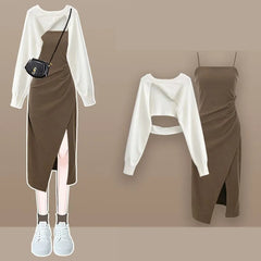 Vintage Short Knit Blouse+Split Sling Skirt 2-Piece Suit Korean Elegant Long Sleeve Top Dress Matching Set