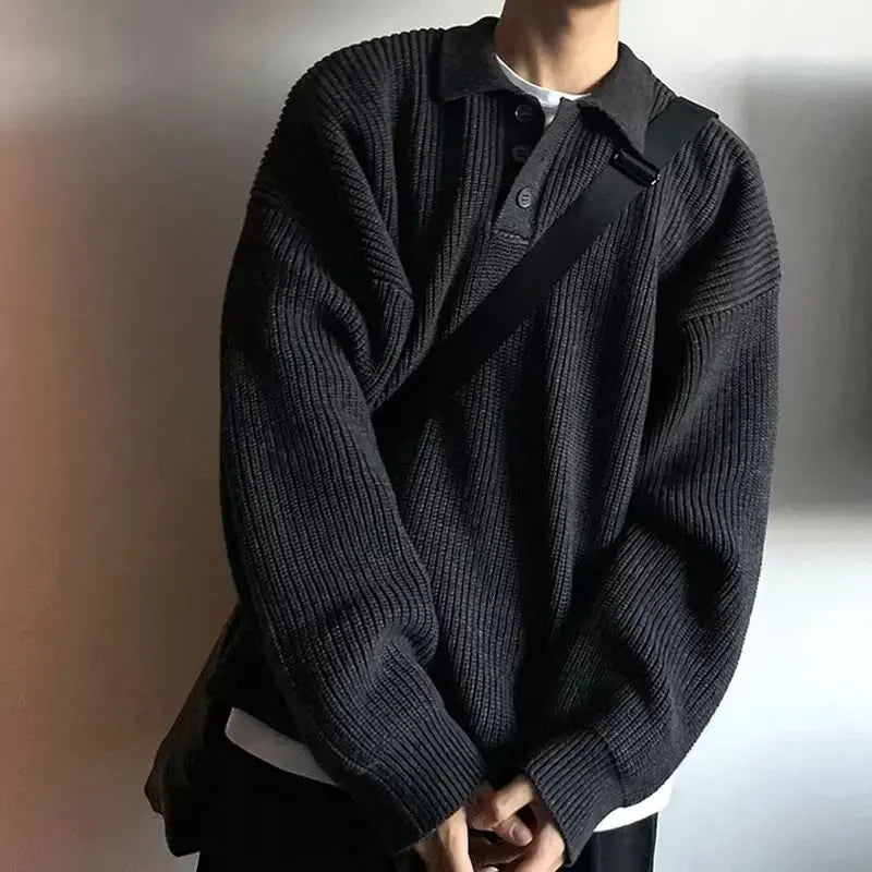 Laid-back Japanese Style Polo Neck Knitwear Hoodie American Retro High-End Crew Neck Pullover Student Top